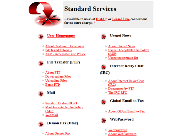 Web page listing 'Standard Services' for dial-up and leased line connections, including: user homepages, FTP, email, usenet, IRC, email-to-fax, and fax-to-email services.