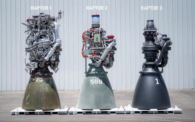 Photograph of three versions of the raptor engine, each one getting progressively simplified in mechanical parts.