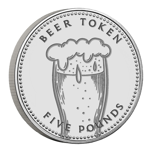 Mockup of a silver-coloured £5 coin with the words "FIVE POUNDS" and also "BEER TOKEN" printed around a stylised frothy pint of beer, dripping down the sides of its glass.