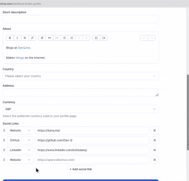 Animation showing a dropdown menu for editing a personal profile on Open Collective. The dropdown menu is implemented using JavaScript, and has a bug that means that at some screen resolutions it goes off-screen and parts of it cannot be seen; because its appearance also disables the scrollbar, there's no way to get to the "missing" parts of the menu.