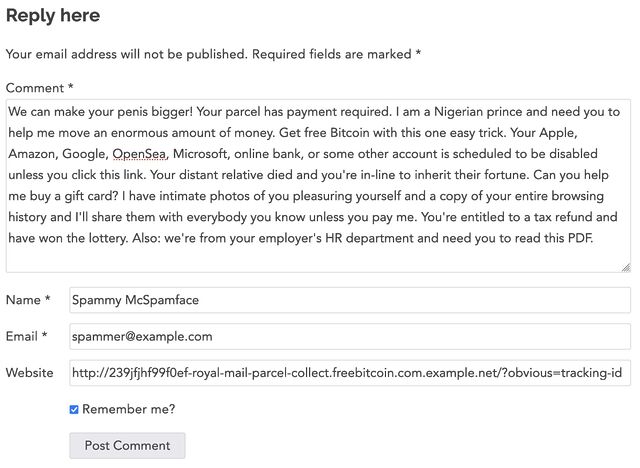 A DanQ.me comment form pre-filled with a diversity of spam tropes, by 'Spammer McSpamface'.