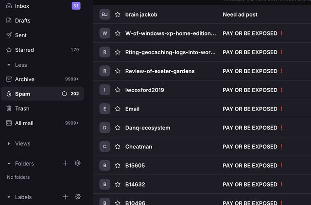 An email spam inbox. A significant number of detected spam messages have the subject line "PAY OR BE EXPOSED" but have different senders.