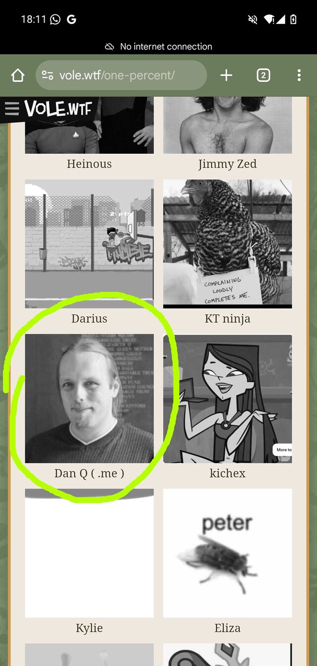 Screenshot from an Android phone at vole.wtf/one-percent, showing a picture of Dan alongside other people.