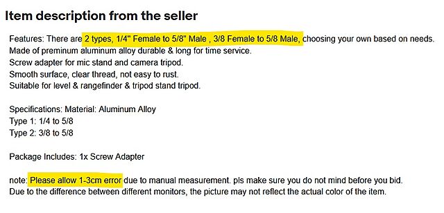 Highlighted item description from an eBay listing. The highlighted section shows that the listing is for a quarter inch to a five-eighth of an inch adapter made of a premium aluminium alloy, and that the buyer should "please allow 1-3cm error due to manual measurement".