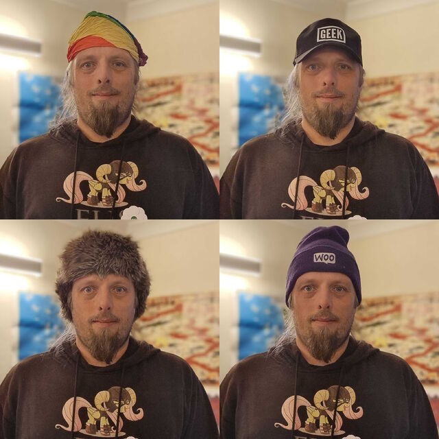 Composite of four images of Dan, a white man with long hair and a beard. He's wearing a hoodie with a picture of Fluttershy (from My Little Pony: Friendship is Magic) wearing the iconic armour from the Elder Scrolls: Skyrim video game. In each of the four pictures he's wearing a different hat: a rainbow-striped bandana, a blackcap with the word 'GEEK' on the front in white lettering, a warm furry hat, and a purple woolen hat with a "Woo" logo.