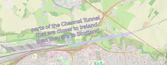 Map showing the Le Shuttle terminal and the entrance to the Channel Tunnel, marked up to show how the first 2km of the underground part (only) are closer to Ireland than to Scotland.