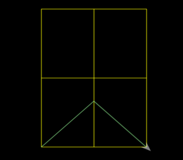 Turtle-graphics illustration of a yellow window made of four rectangular quarters, with a triangular mountain peak visible through it with its peak at the centre of the window.