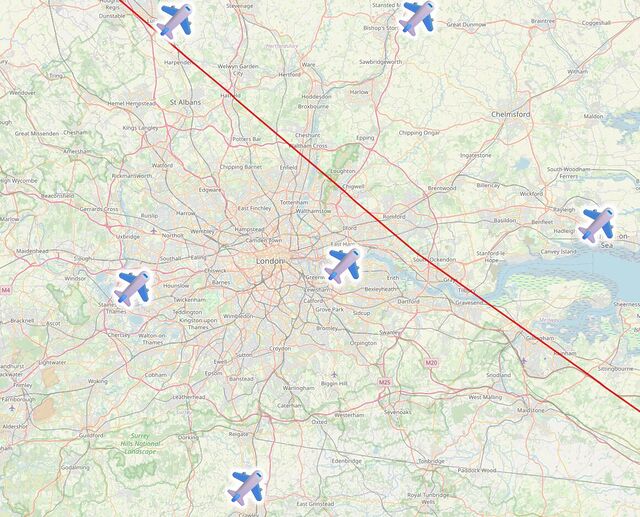 Map showing the locations of London's six major airports: three North-East of the line, three South-West of it.