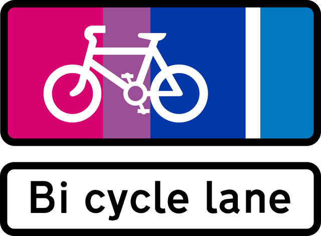 A sign in the style of British road signs showing a bicycle lane on the left of the carriageway by using a pictographic bicycle to the left of a white line, except the background colour of the lane is the pink-purple-blue of the Bisexual Pride flag, and the text underneath contains an extra space so that it reads 'Bi cycle lane'.