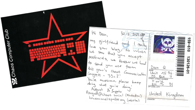 Both sides of a postcard. The reverse shows a red-on-black illustration of the shape of a computer keyboard, superimposed upon the outline of a star, alongside, white text reading 'Chaos Computer Club'. On the front is the message: 'My girlfriend and I really love your blog, so when we saw that you accept postcards, we knew we had to send you one from this year's Chaos Communication Congress - 39c3! You're awesome, please keep doing what you're doing! August & Sappho @august@chaos.social (Mastodon) kruemmelspalter.org (Website)'.