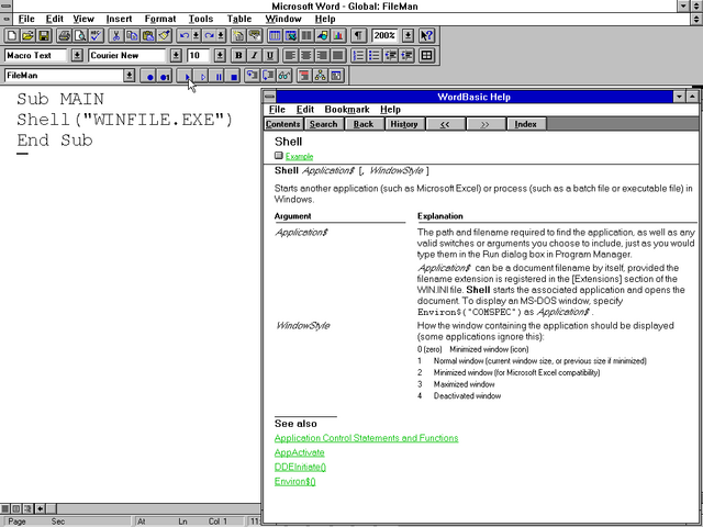 Screenshot showing Microsoft Word's 'Macro Editor' on Windows 3.1. The subroutine being defined contains the code 'Shell("WINFILE.EXE")'; the 'Shell' command is described in the WordBasic Help file, which is also visible.