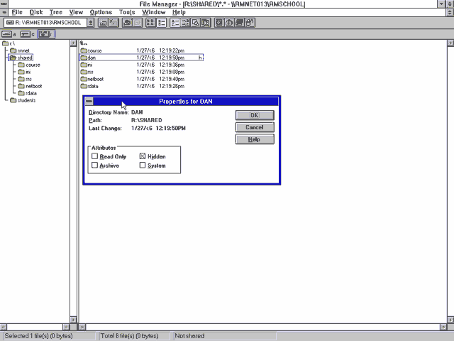 Screenshot of Windows 3.11 File Manager connected to a network with shares rmnet, shared, and students. Shared contains a hidden directory called 'dan'.