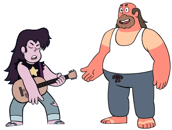 Composite image showing Greg Universe from Steven Universe, in both his 'young, rock star' version and the more-familiar 'old balding car wash owner who lives in his van' version.