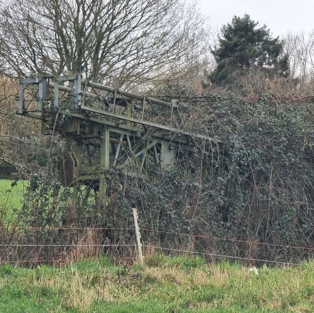 Rusted remains of what might have once been a crane lie in a pasture, almost completely enveloped in thick brambles.