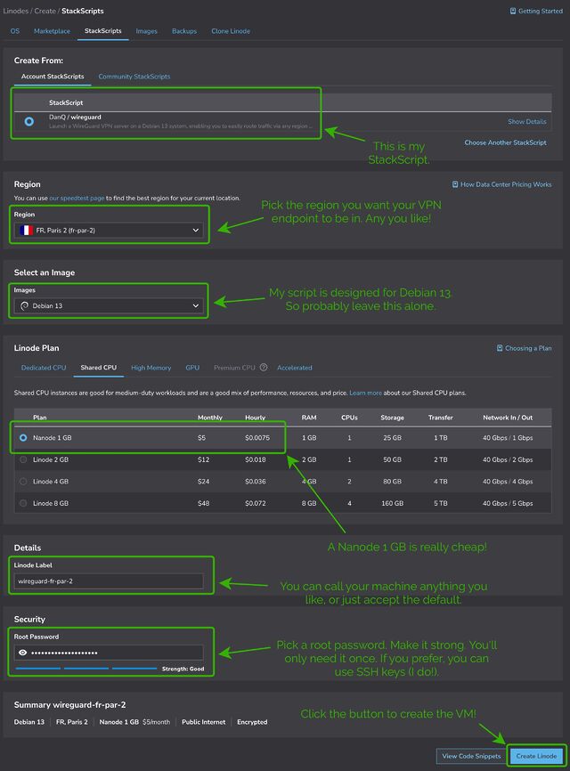 Linode configuration screenshot with the key options highlighted as described below.