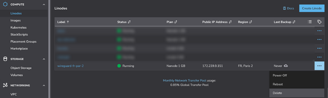 Screenshot showing Linode list with our new VM's kebab menu opened and the 'delete' option selected.
