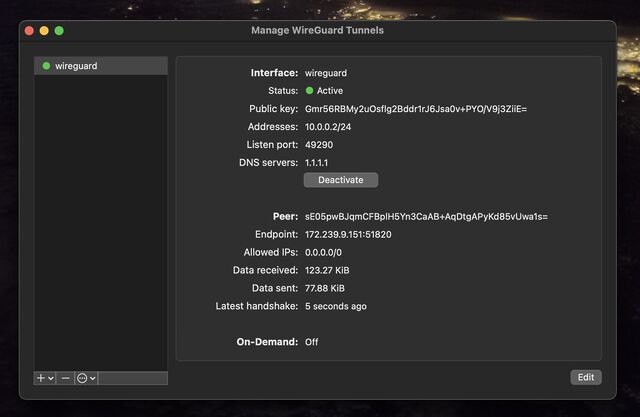 Screenshot of WireGuard running, connecting to our new VPN on a Linode VM.