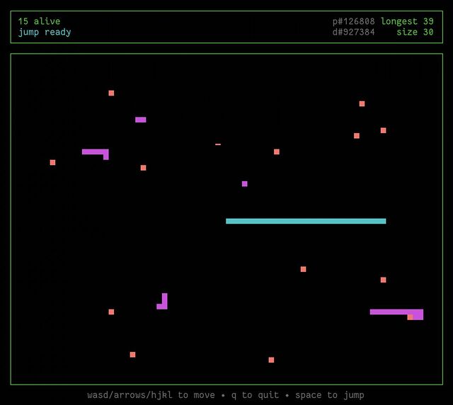 Screenshot of a game of snake: a medium-sized blue snake explores amongst several smaller purple snakes