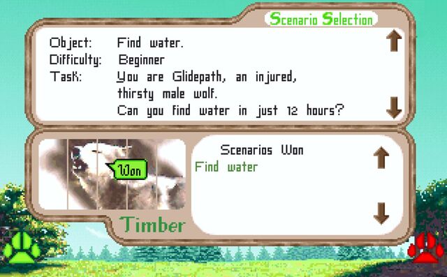 Screenshot from Wolf showing Scenario Selection with one 'won' scenario: help Glidepath (an injured, thirsty male wolf) find water.