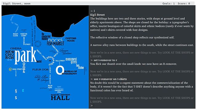 Screenshot from Counterfeit Monkey being played in Gargoyle. The player is in Sigil Street at Noon. Seeing a display of t-shirts, they've switched their t-remover to r (making it an r-remover) and attempted to use it on the t-shirts, getting the response 'No doubt this would be a cogent statement about the commercialization of the body, if it weren’t for the fact that T-SHIT doesn’t describe anything anyone with a functional colon has ever heard of.'