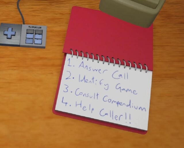 Screenshot showing a desk with a gamepad, mouse, and with an open notepad with the handwritten instructions 1. Answer Game, 2. Identify Game, 3. Consult Compendium, 4. Help Caller!!