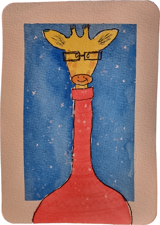 Watercolour painting of a giraffe wearing glasses and a wooly jumper, amidst a snowy sky.