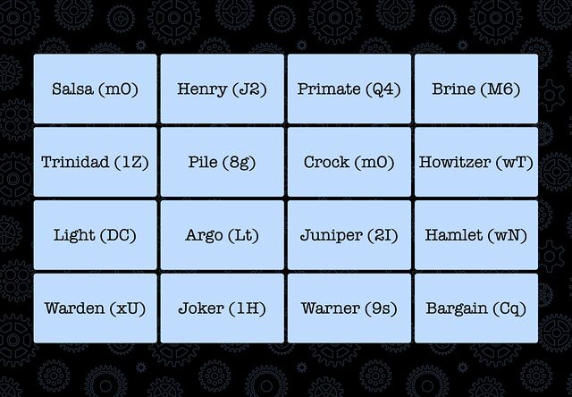 Grid of four by four words, each with an associated pair of letters.