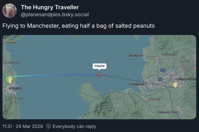 Bluesky status saying 'Flying to Manchester, eating half a bag of salted peanuts', with a FlightRadar24-style illustration of a plane half-way across its journey over the Irish Sea.
