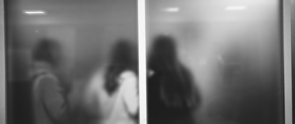 Blurred monochrome silhouettes visible through frosted windows.