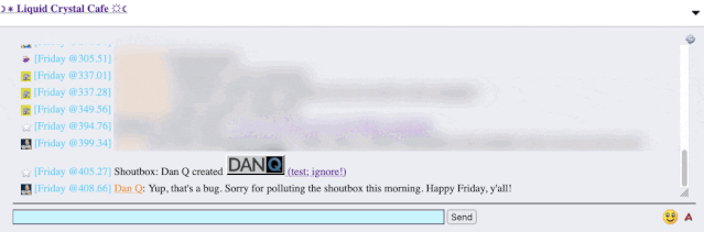 Screenshot of the same forum, but the new shoutbox message contains an 88×31 animated GIF that says 'Dan Q', where the 'Q' spins on its axis.