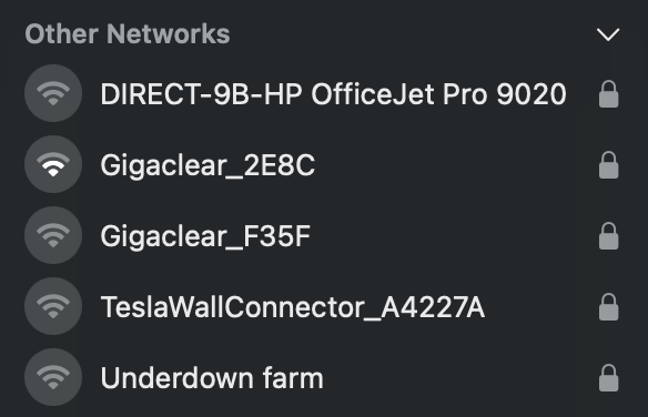 MacOS wireless network list featuring uninspiring names like DIRECT-9B-HP OfficeJet Pro 9020, Gigaclear_2E8C, Gigaclear_F35F, TeslaWallConnector_A4227A, and Underdown farm.