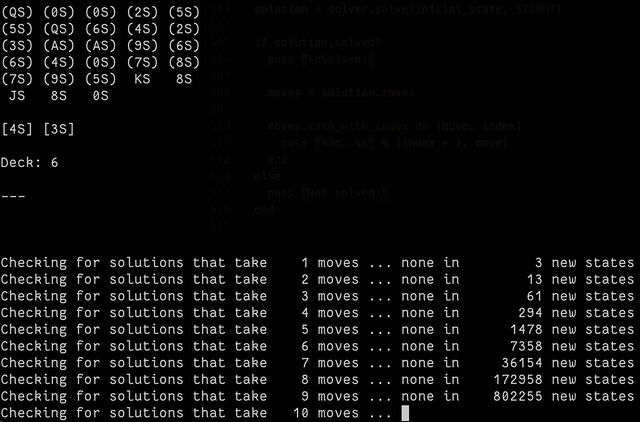 Text output from a command line program, with a representation of the starting state of 'ex one suit deck 568' having attempted all possible 9-move permutations (802,255 of them!).