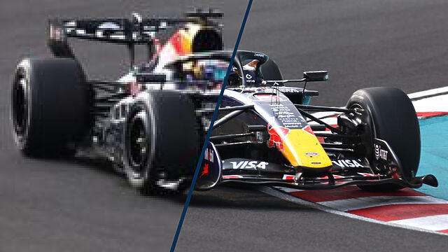 Image of an F1 car, half in a low, blocky resolution; half in full resolution.