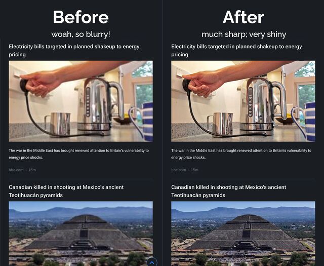 Before and after screenshots of an RSS reader showing BBC news stories. The thumbnails in the "after" side are visibly higher-resolution.