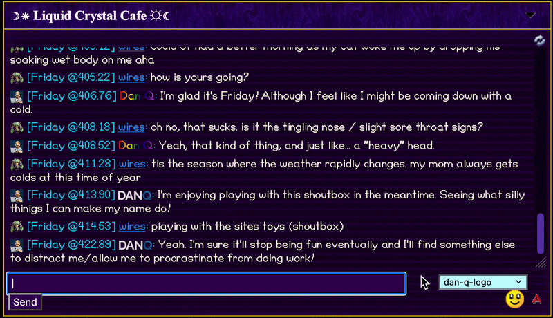 Animation showing Dan Q typing a chat message and selecting a 'style' from a dropdown, which is then applied to his name in the sent message, making it black-on-white rather (or rainbow-coloured, or the Dan Q SVG logo) rather than just plain coloured text.