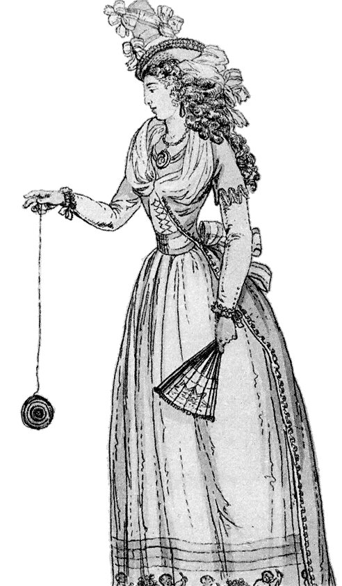 Drawing showing a woman playing with an early form of the yo-yo.