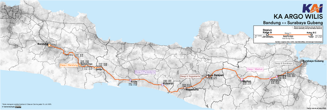 Map showing the East-West route of a train line along the island of Java.