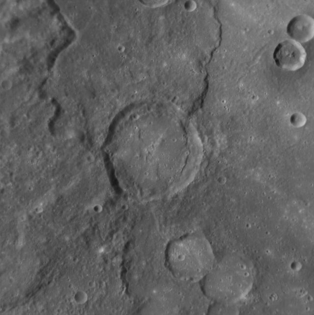 Karsh crater on Mercury, on the west side of the larger Rembrandt crater.