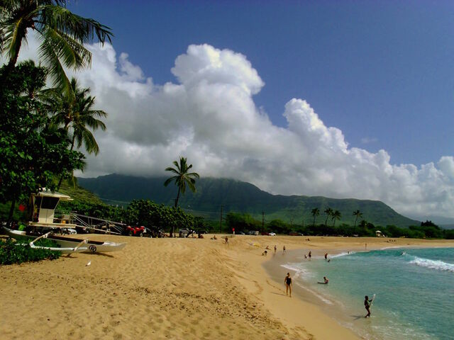 Tropical golden-sand beach with people playing in the waves.