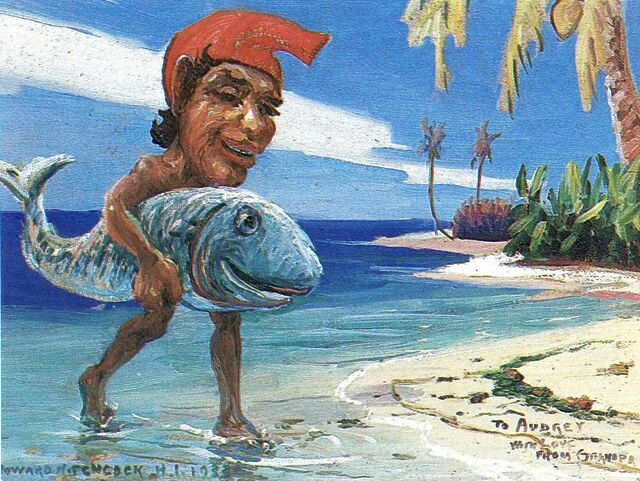 Painting of a diminutive man carrying a fish almost the same size as himself out from the sea.