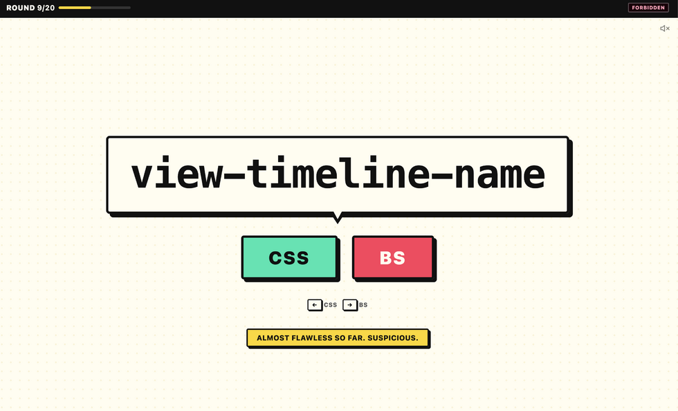 CSS or BS game in progress. The player is asked to declare whether 'view-timeline-name' is a real CSS property or made-up.