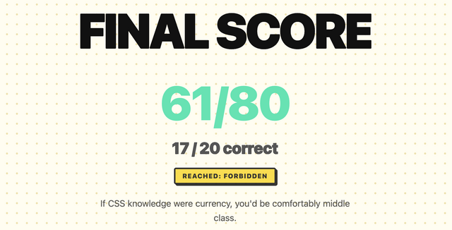 Final score: 61/80. Reached: Forbidden. "If CSS knowledge were currency, you'd be comfortably middle-class."