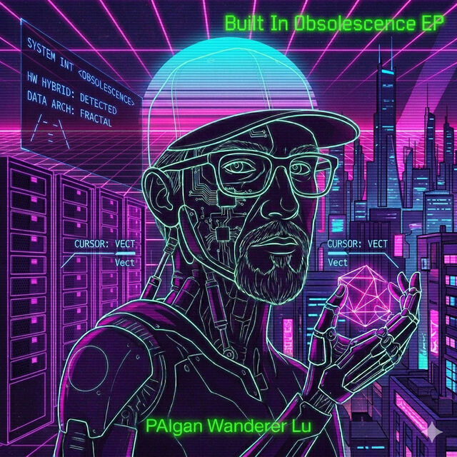AI-generated EP cover of Built In Obsolescence by PAIgan Wanderer Lu, showing a neon digital outline of Andy.