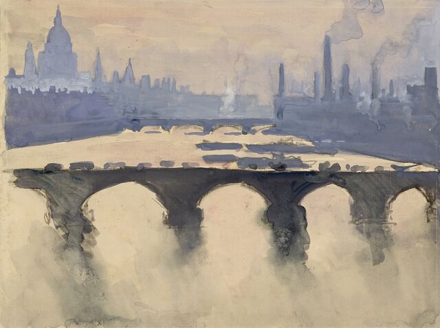 Out of my London window; dome and spires and chimneys, mist and smoke (1890), by Joseph Pennell. A serene watercolor captures a bridge spanning across what appears to be a wide river, with a city skyline barely visible in the misty background. Murky reflections waver beneath the bridge, suggesting either the early hours of morning or a dusky evening.