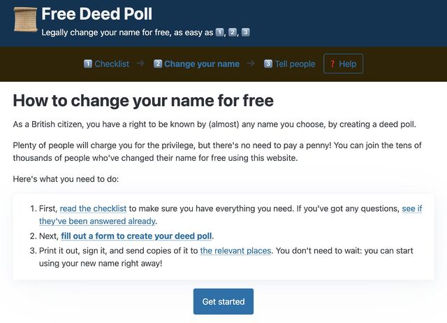 Screenshot showing FreeDeedPoll.org.uk.