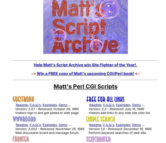 Screenshot of a 90s-style website titled 'Matt's Script Archive', providing a variety of Perl CGI scripts including a guestbook, counter, search, and random link generator.