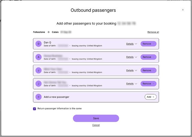 Screenshot showing a web form with Dan Q and three other passengers on the outbound leg of a journey. Personal details appear to be blurred, but are actually spoofed AND blurred, per Dan's tradition. A 'Return passenger information is the same' checkbox is checked.
