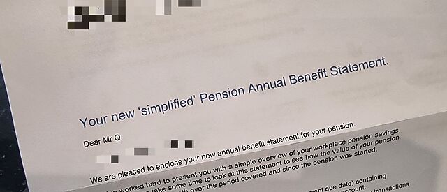 Letter with headline/subject "Your new 'simplified' Pension Annual Benefit Statement", with quotation marks around the word 'simplified' added for emphasis but giving the impression that it's not simplified, that's just what they're calling it.