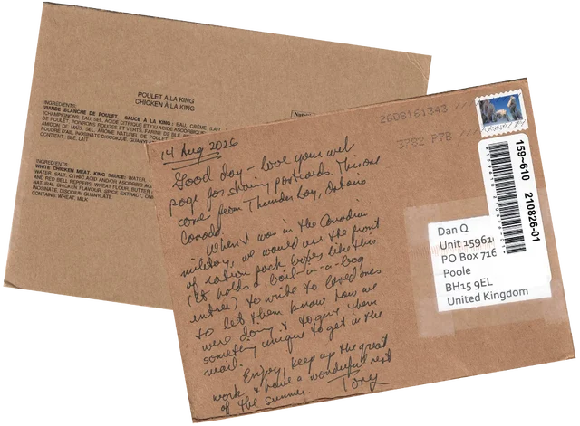 Composite photograph showing the front and rear of a postcard written on the plain brown cardboard bulk packaging of a Canadian boil-in-the-bag food product.