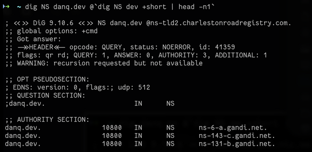 Terminal in which 'dig danq.dev @`dig NS dev +short | head -n1`' has been run, outputting NS responses representing three Gandi nameservers.